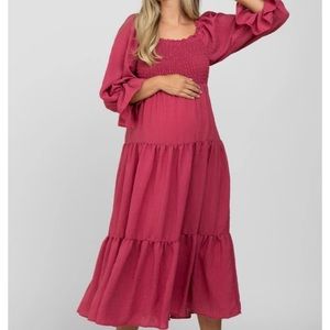 Magenta squared ruffle neck smocked maternity midi dress